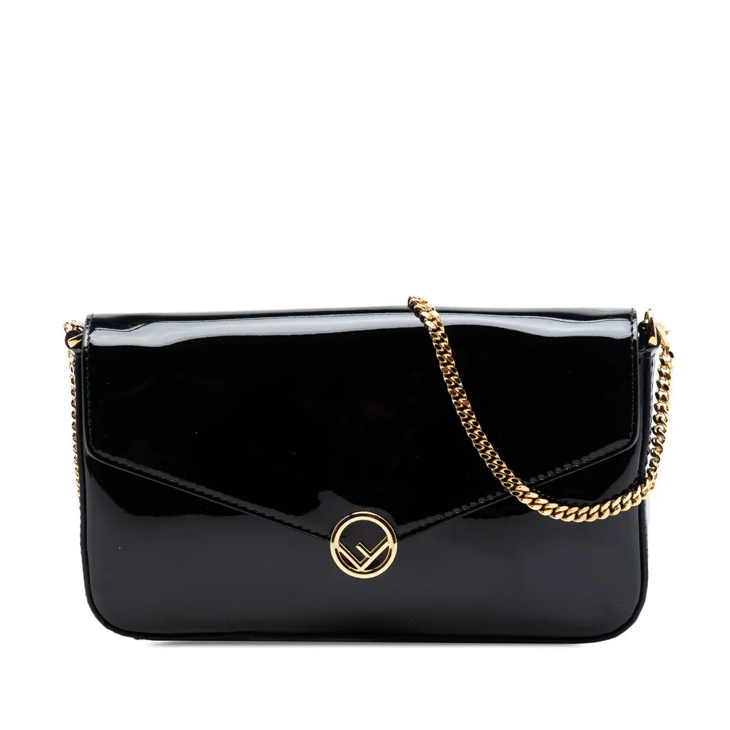 Fendi Patent F Is Fendi Envelope Wallet On Chain Black Leather Very good - Front View