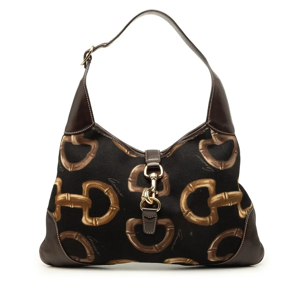 Gucci Horsebit Canvas Jackie O Bouvier Hobo Black Canvas Good - Front View
