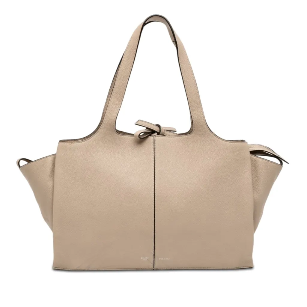 Celine Medium Grained Calfskin Trifold Tote Beige Leather Good - Front View