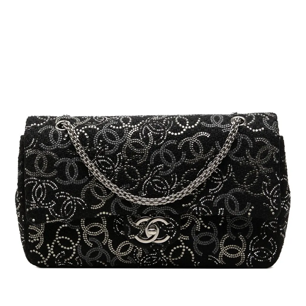 Chanel Paris Shanghai Medium Tweed Strass Embellished Pudong Double Flap Black Tweed Good - Front View