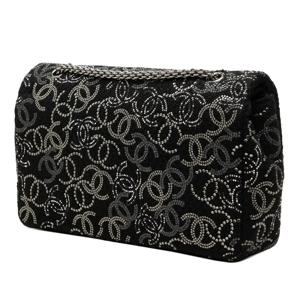 Chanel Paris Shanghai Medium Tweed Strass Embellished Pudong Double Flap Black Tweed Good - Back View