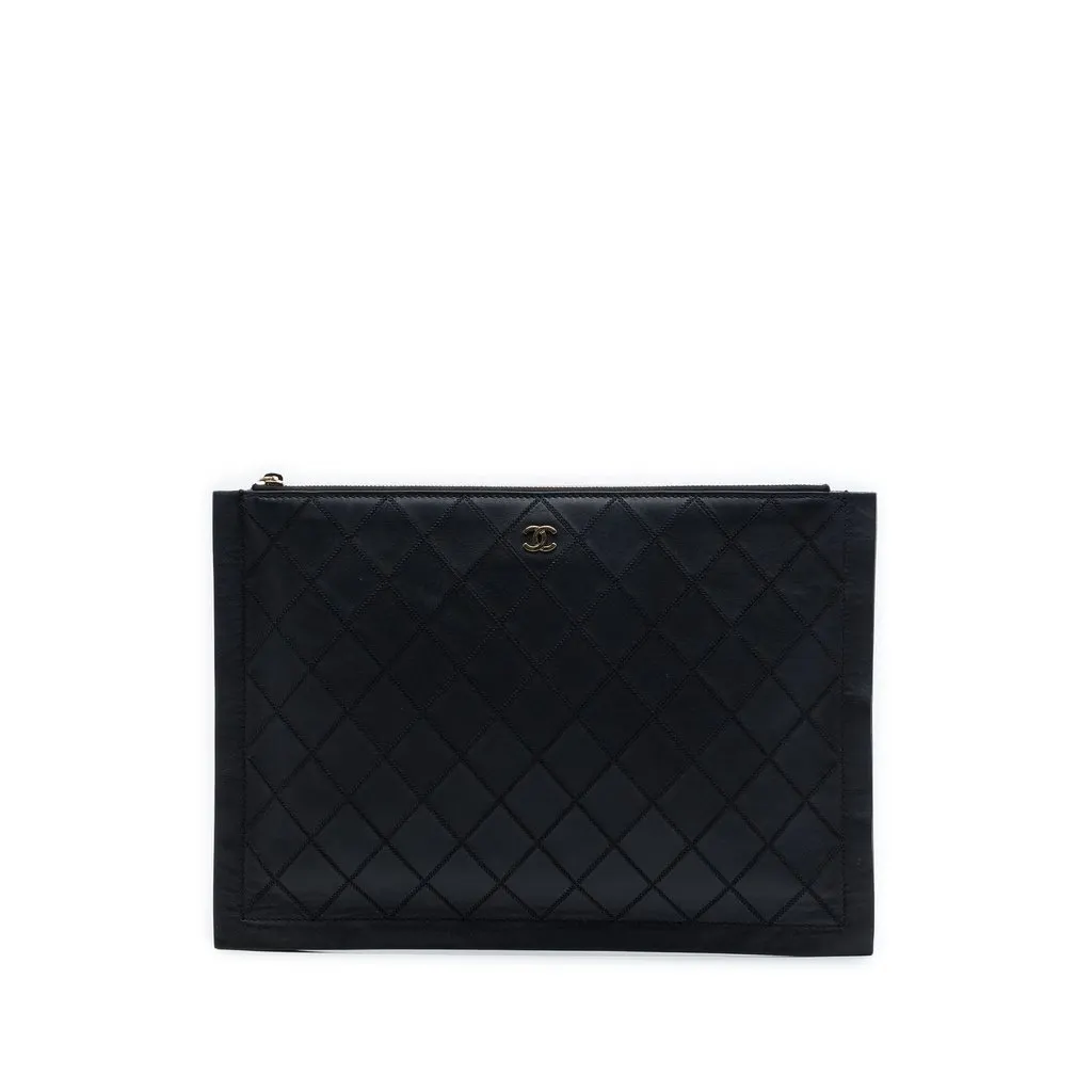 Chanel Large Quilted Stitched Calfskin Zip Pouch Black Leather Very good - Front View