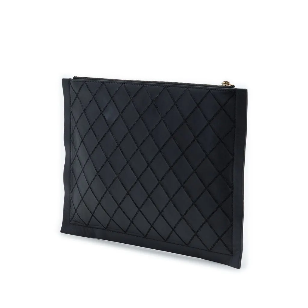 Chanel Large Quilted Stitched Calfskin Zip Pouch Black Leather Very good - Back View