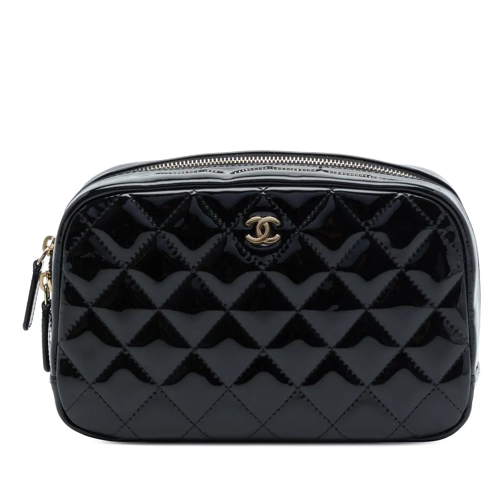 Chanel CC Quilted Patent Cosmetic Pouch Black Leather Very good - Front View