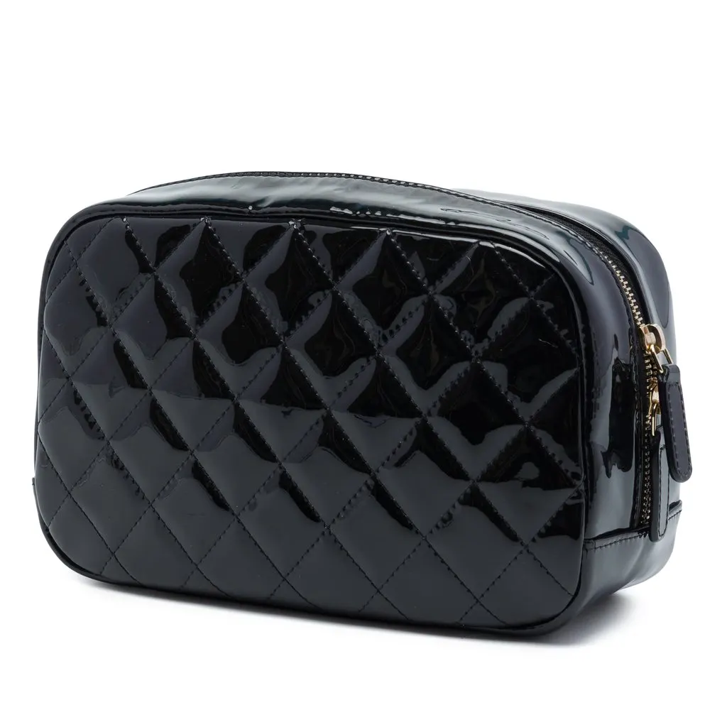 Chanel CC Quilted Patent Cosmetic Pouch Black Leather Very good - Back View