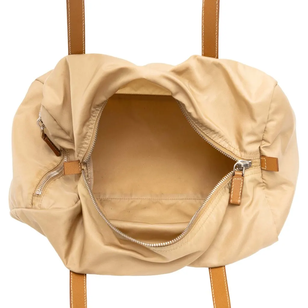 Prada Saffiano Trimmed Tessuto Boston Bag Beige Polyamide Very good - Model View