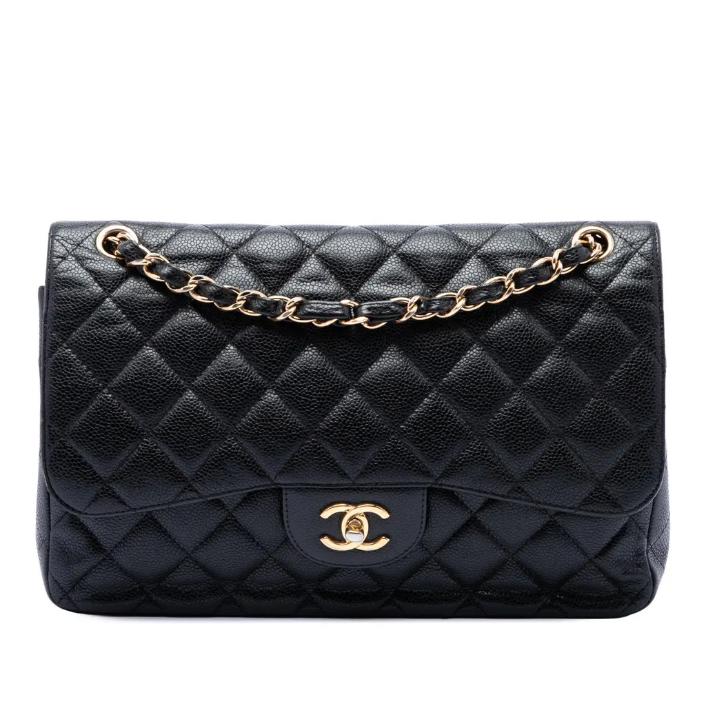 Chanel Jumbo Classic Caviar Double Flap Black Leather Good - Front View