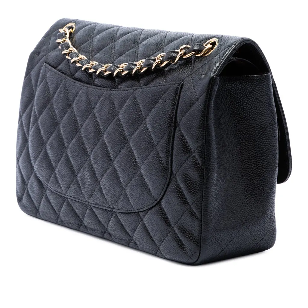 Chanel Jumbo Classic Caviar Double Flap Black Leather Good - Back View