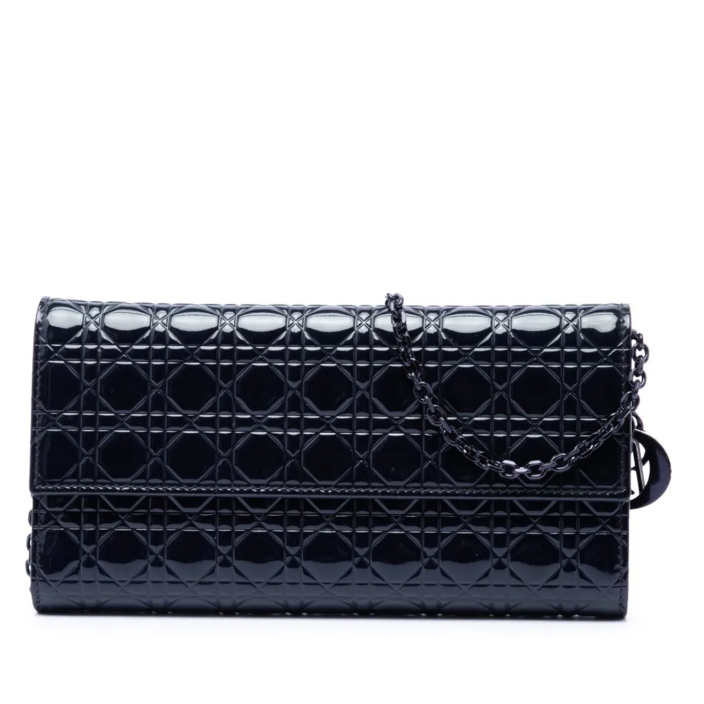 Dior Patent Cannage Lady Dior Wallet On Chain Blue Leather Very good - Front View