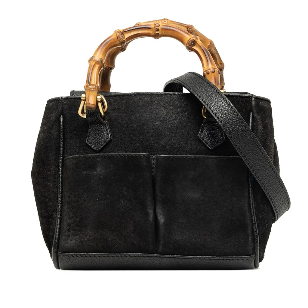 Gucci Mini Suede Bamboo Satchel Black Leather Very good - Front View