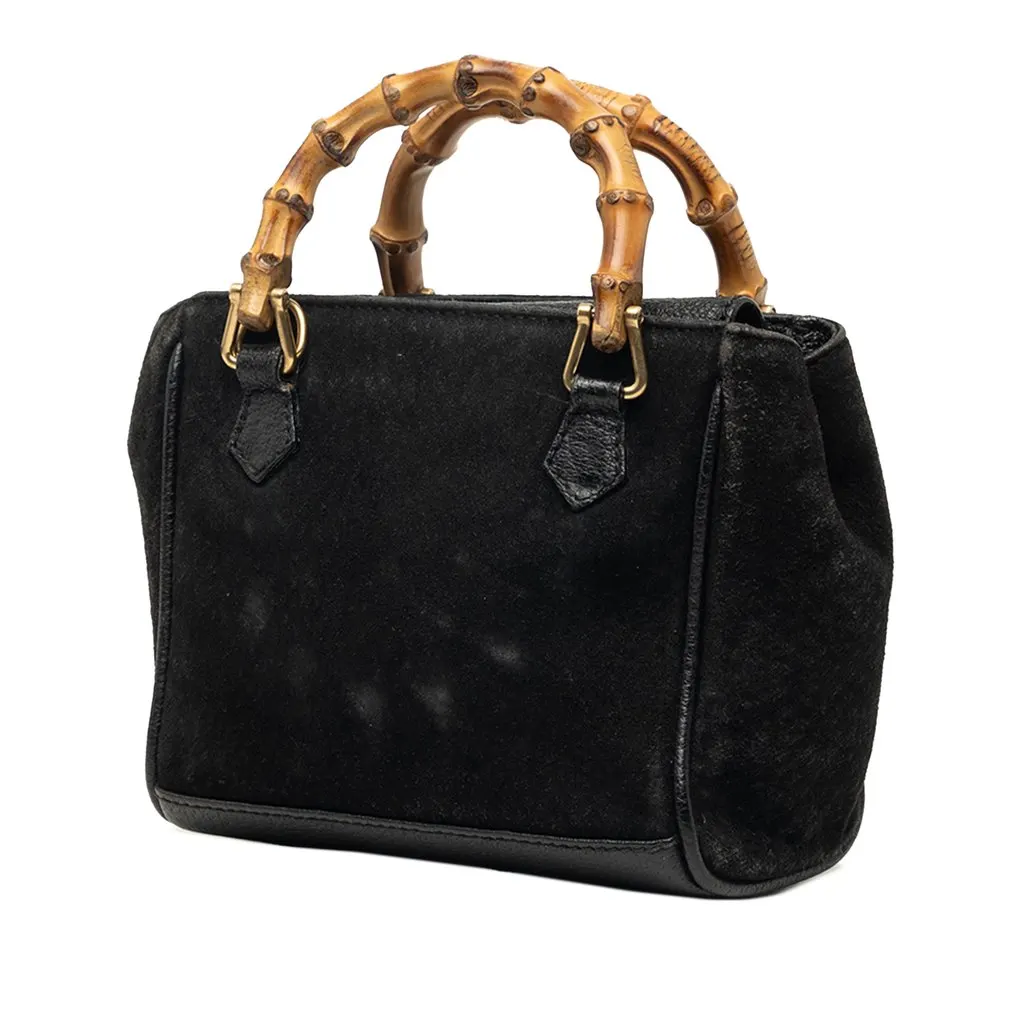 Gucci Mini Suede Bamboo Satchel Black Leather Very good - Back View