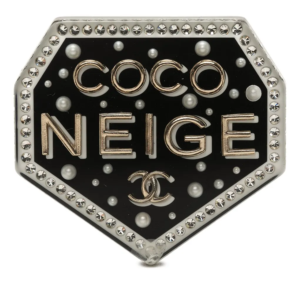 Chanel CC Resin Strass and Faux Pearl Coco Neige Pin Brooch Black Plastic Very good - Front View