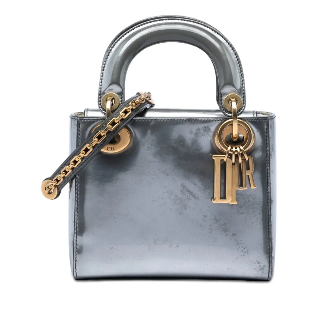 Dior Mini Metallic Patent Lady Dior Silver Leather Very good - Front View