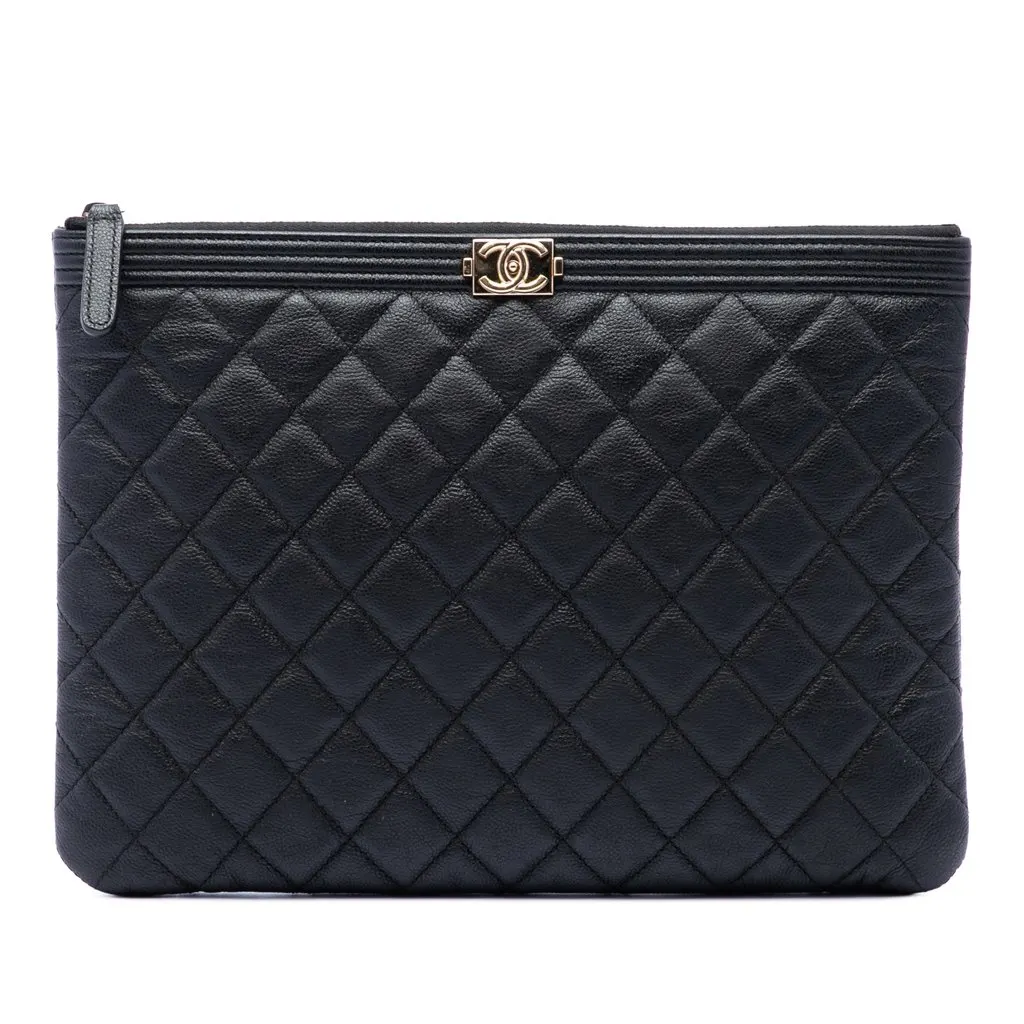 Chanel Medium Quilted Caviar Boy O Case Clutch Black Leather Very good - Front View