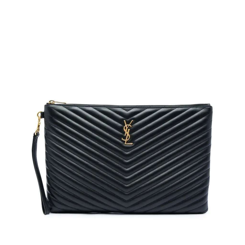 Saint Laurent Chevron Calfskin Cassandre Document Holder Black Leather Very good - Front View