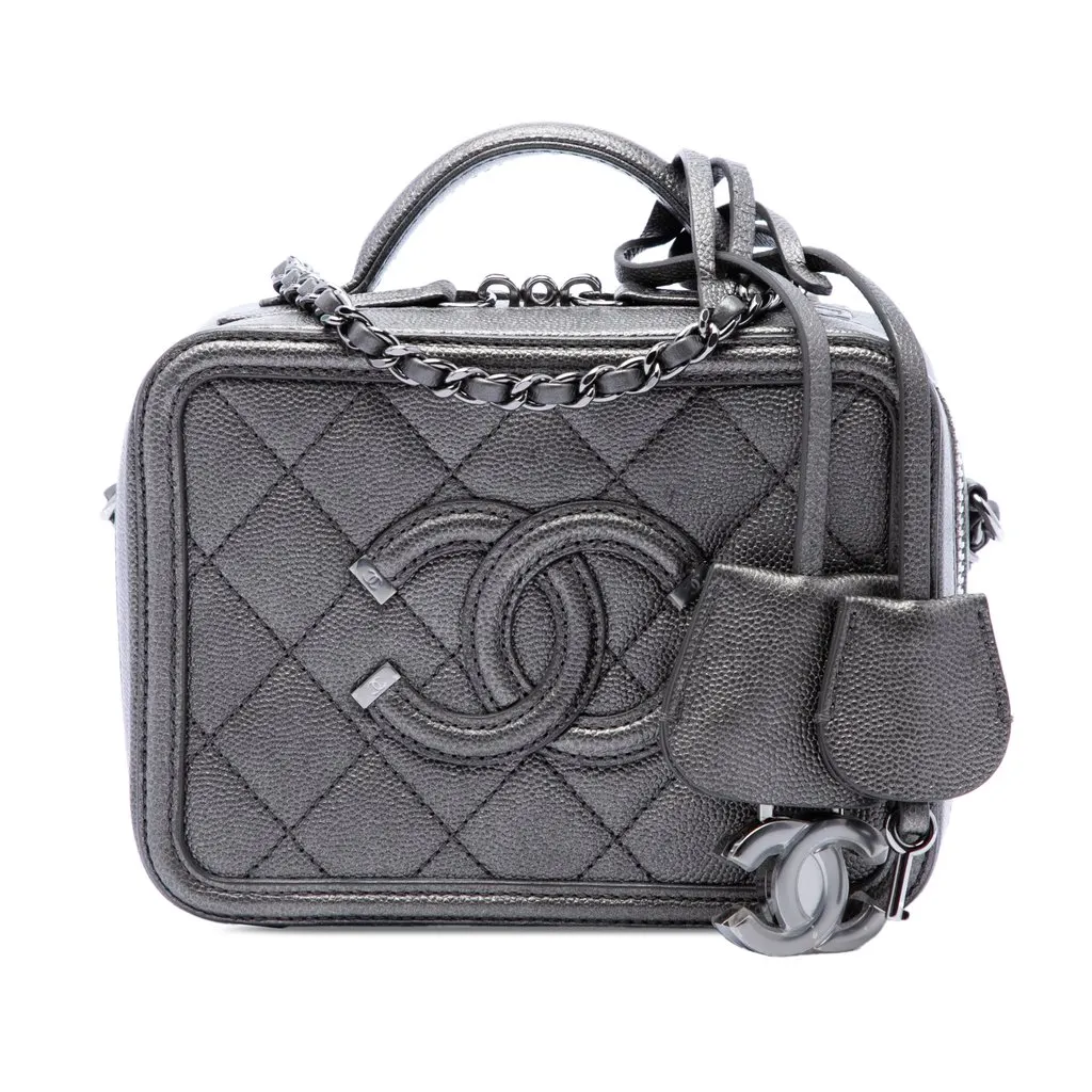 Chanel Small Metallic Caviar CC Filigree Vanity Case Grey Leather Very good - Front View