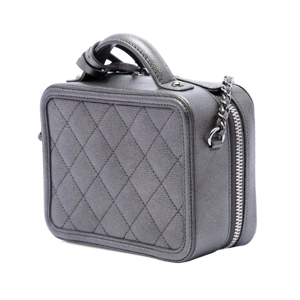 Chanel Small Metallic Caviar CC Filigree Vanity Case Grey Leather Very good - Back View