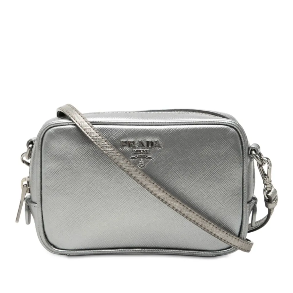 Prada Mini Metallic Saffiano Lux Camera Bag Silver Leather Very good - Front View