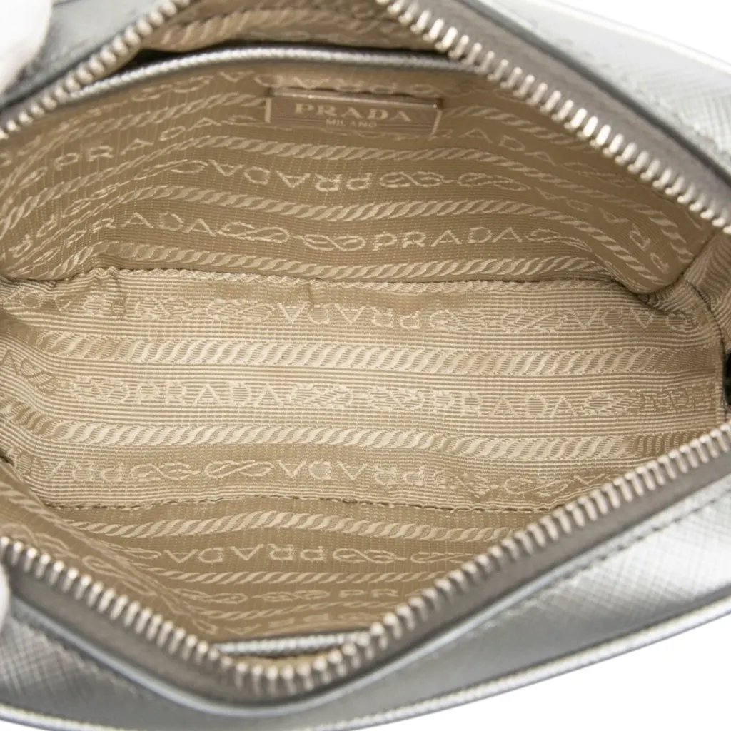 Prada Mini Metallic Saffiano Lux Camera Bag Silver Leather Very good - Model View