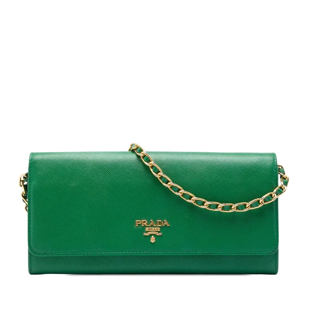 Prada Saffiano Lux Wallet On Chain Green Leather Very good - Front View