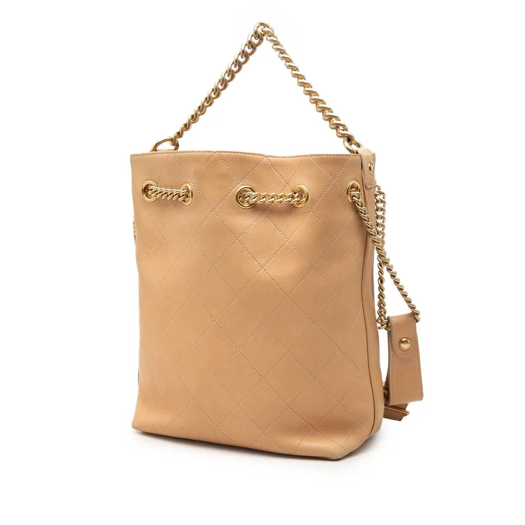 Chanel Large CC Quilted Calfskin On My Shoulder Drawstring Bucket Bag Beige Leather Very good - Back View