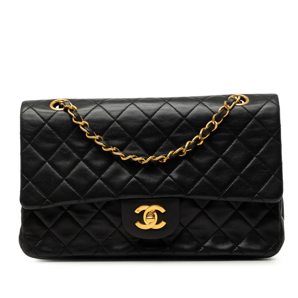Chanel Medium Classic Lambskin Double Flap Black Leather Very good - Front View
