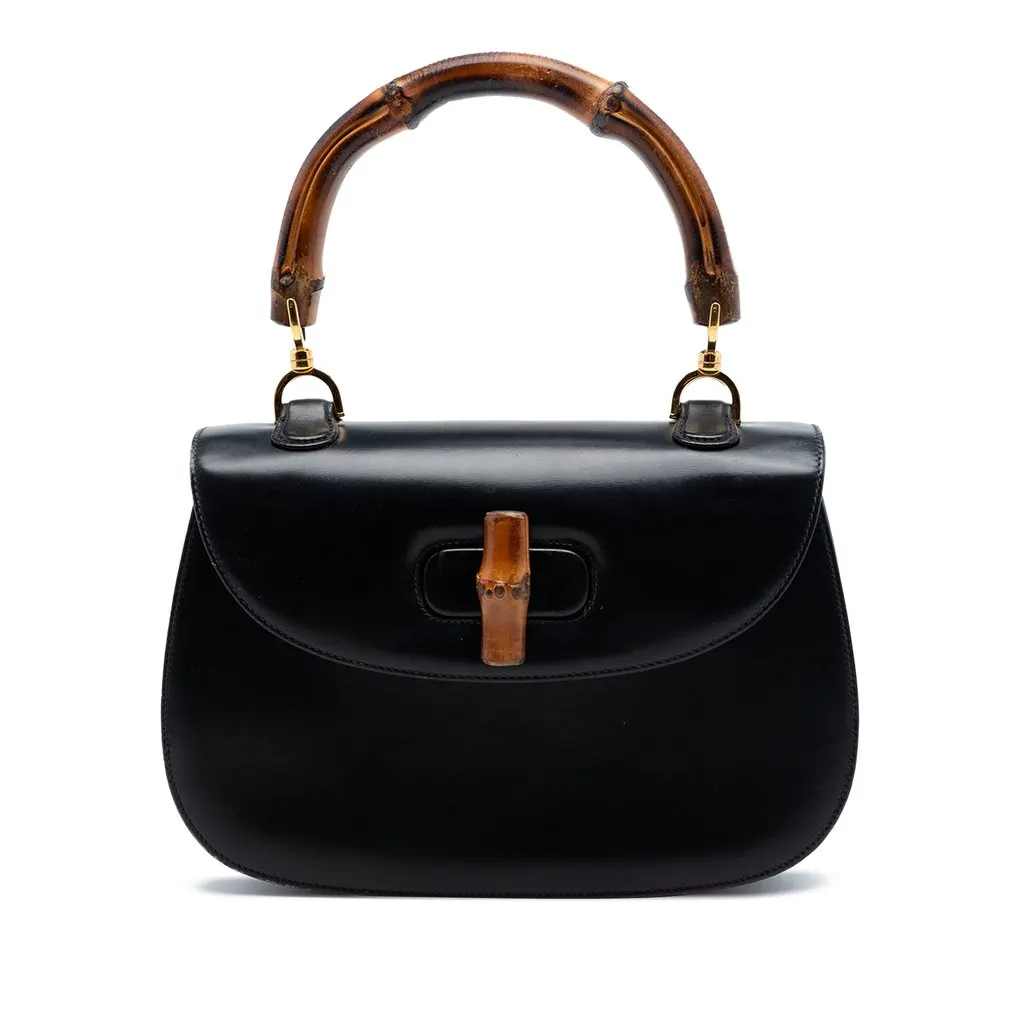 Gucci Small Calfskin Bamboo Top Handle Bag Black Leather Very good - Front View