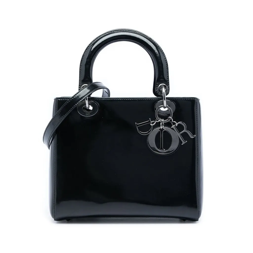 Dior Medium Patent Lady Dior Black Leather Good - Front View