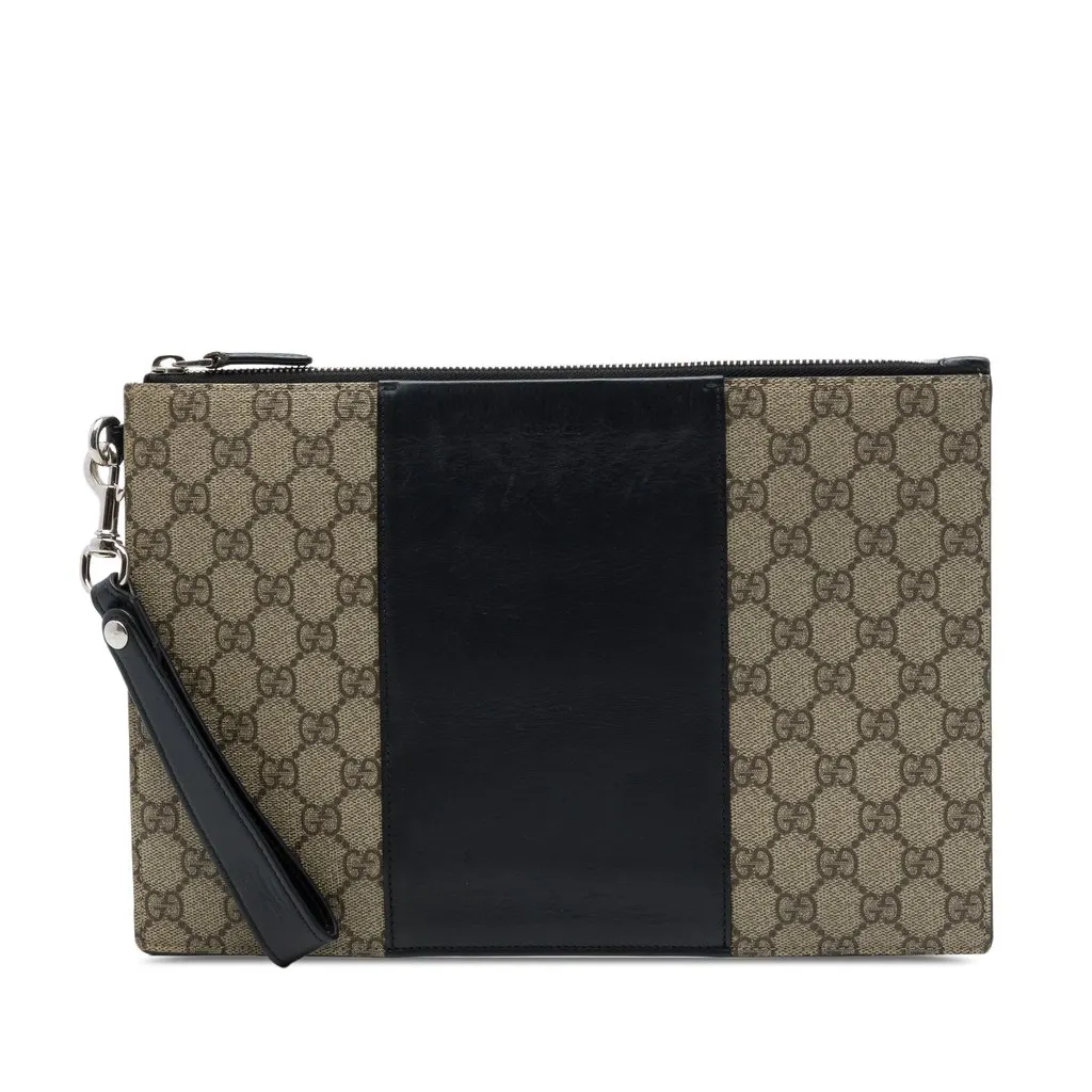 Gucci GG Supreme Wristlet Zip Pouch Beige Canvas Good - Front View