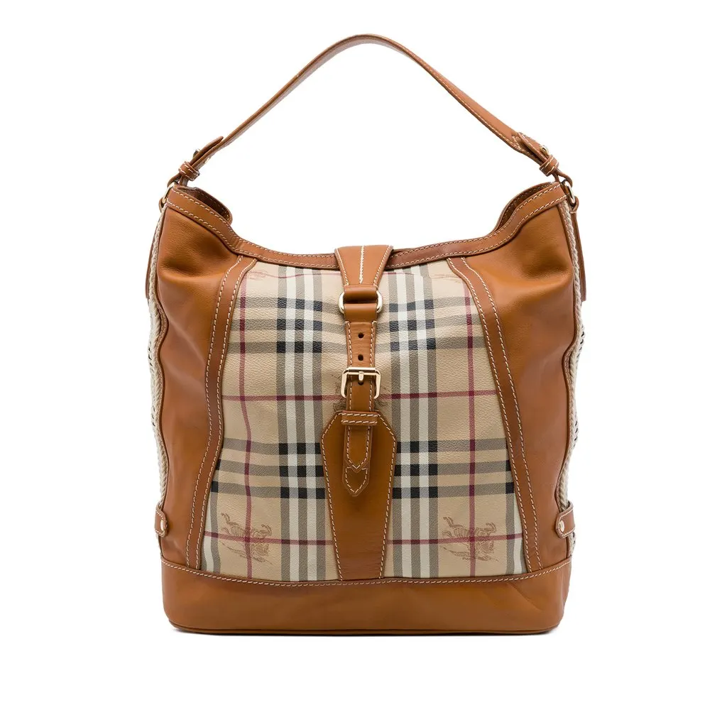 Burberry Haymarket Check Coated Canvas and Calfskin Bucket Bag Beige Canvas Good - Front View