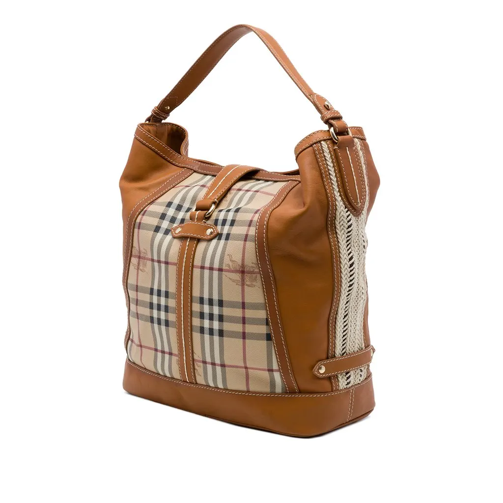 Burberry Haymarket Check Coated Canvas and Calfskin Bucket Bag Beige Canvas Good - Back View