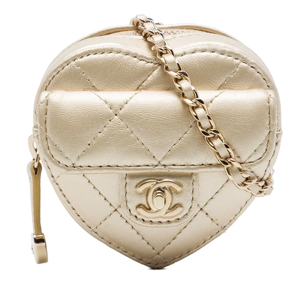 Chanel Mini Quilted Metallic Lambskin CC In Love Heart Bag Gold Leather Very good - Front View