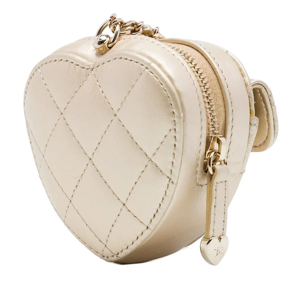 Chanel Mini Quilted Metallic Lambskin CC In Love Heart Bag Gold Leather Very good - Back View