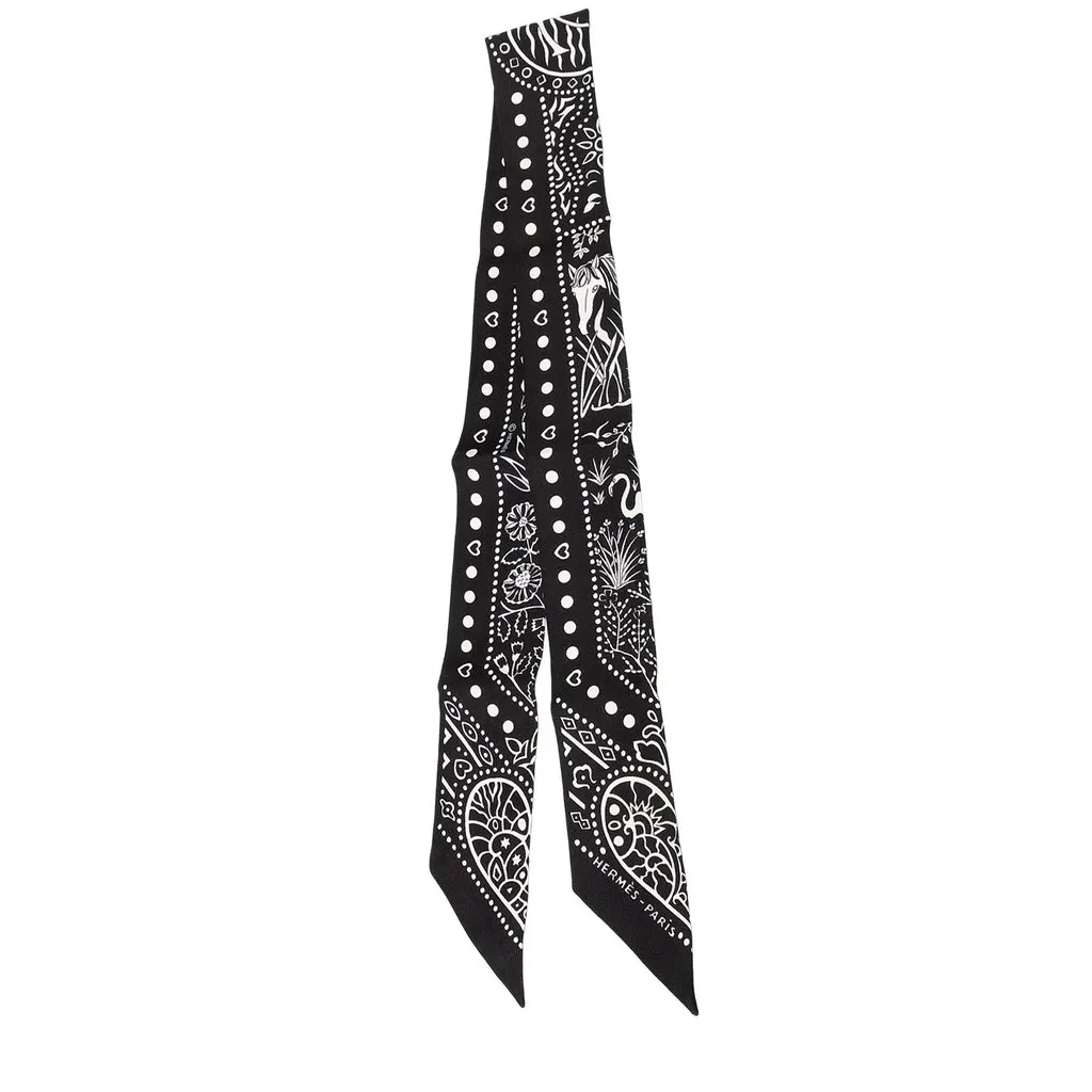 Hermès Peuple du Vent Bandana Twilly Silk Scarf Black Never worn - Front View