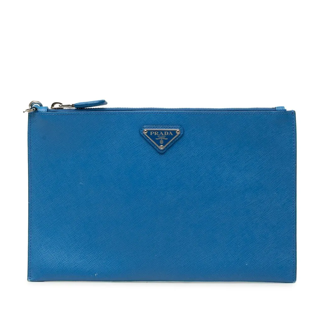 Prada Saffiano Wristlet Clutch Blue Leather Very good - Front View