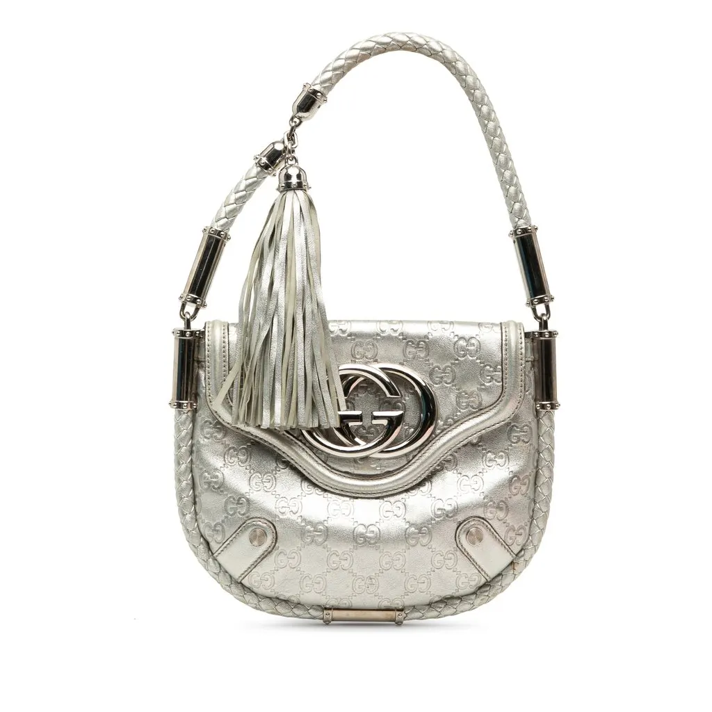 Gucci Medium Metallic Guccissima Britt Tassel Flap Handbag Silver Leather Very good - Front View