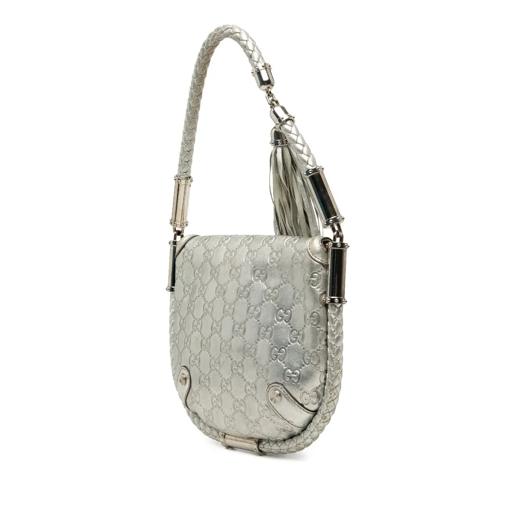 Gucci Medium Metallic Guccissima Britt Tassel Flap Handbag Silver Leather Very good - Back View