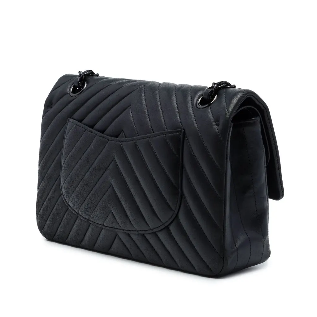 Chanel Medium Classic Chevron Lambskin So Black Double Flap Black Leather Very good - Back View