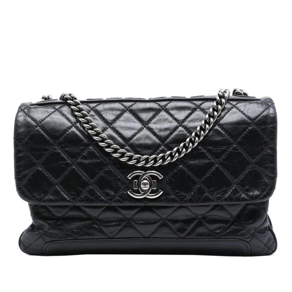 Chanel Quilted Aged Calfskin Logo Accordion Flap Black Leather Very good - Front View