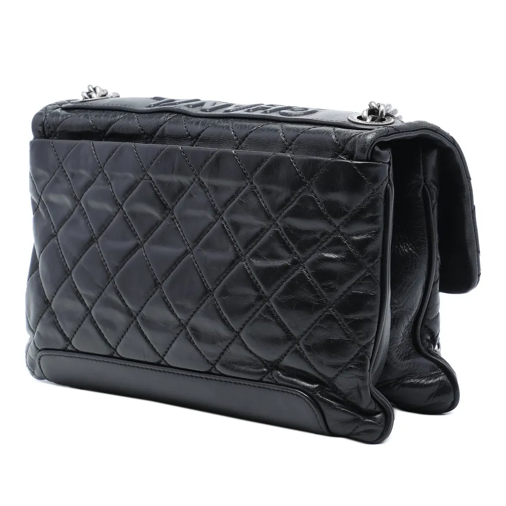 Chanel Quilted Aged Calfskin Logo Accordion Flap Black Leather Very good - Back View