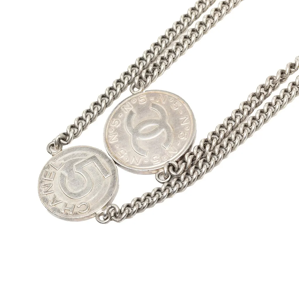 Chanel CC Brass Coin Chain Long Necklace Silver Metal Good - Back View