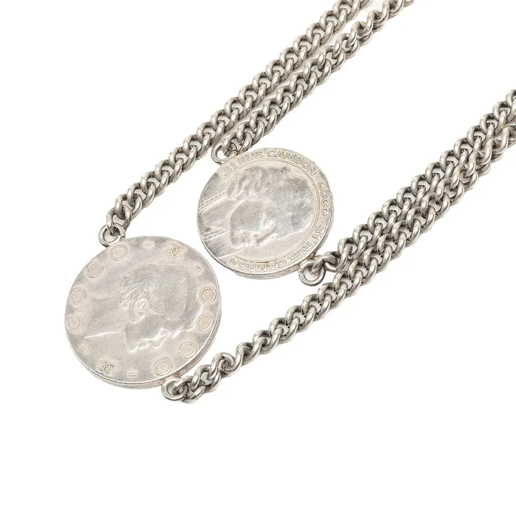 Chanel CC Brass Coin Chain Long Necklace Silver Metal Good - Inside View