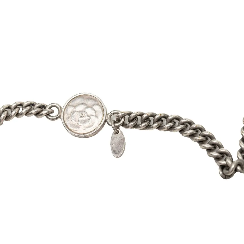 Chanel CC Brass Coin Chain Long Necklace Silver Metal Good - Model View