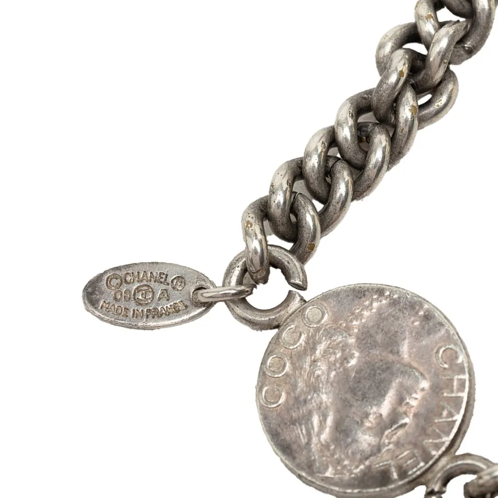 Chanel CC Brass Coin Chain Long Necklace Silver Metal Good - Box View