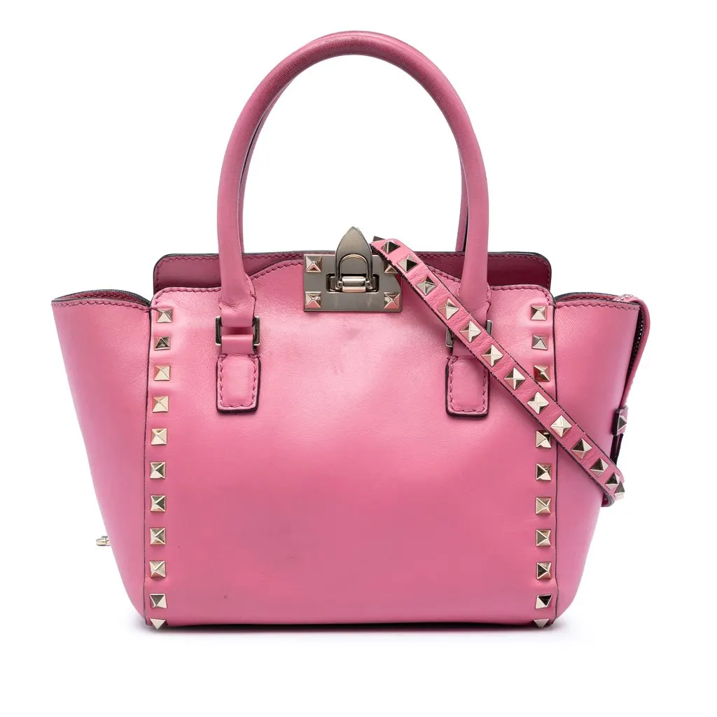Valentino Mini Leather Rockstud Double Handle Tote Pink Leather Very good - Front View