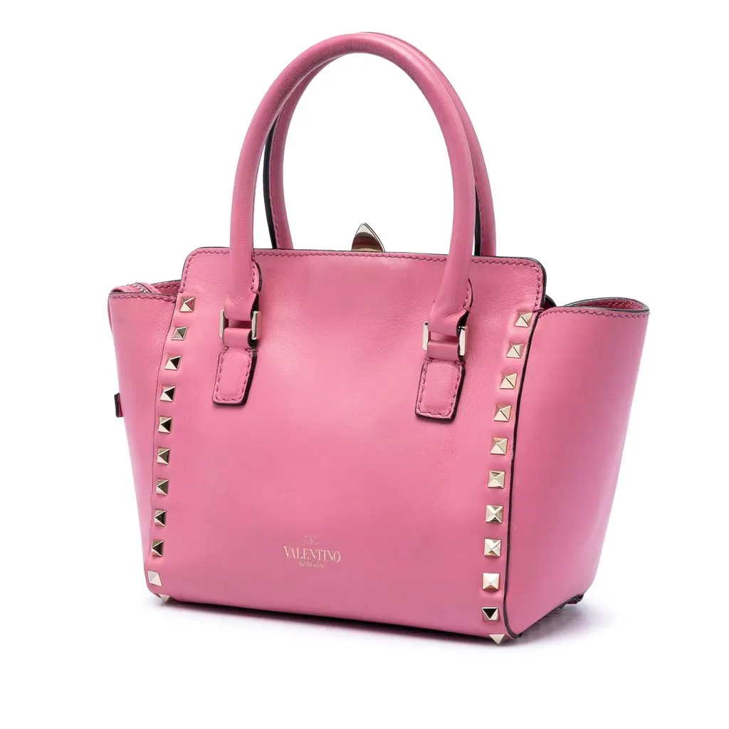 Valentino Mini Leather Rockstud Double Handle Tote Pink Leather Very good - Back View