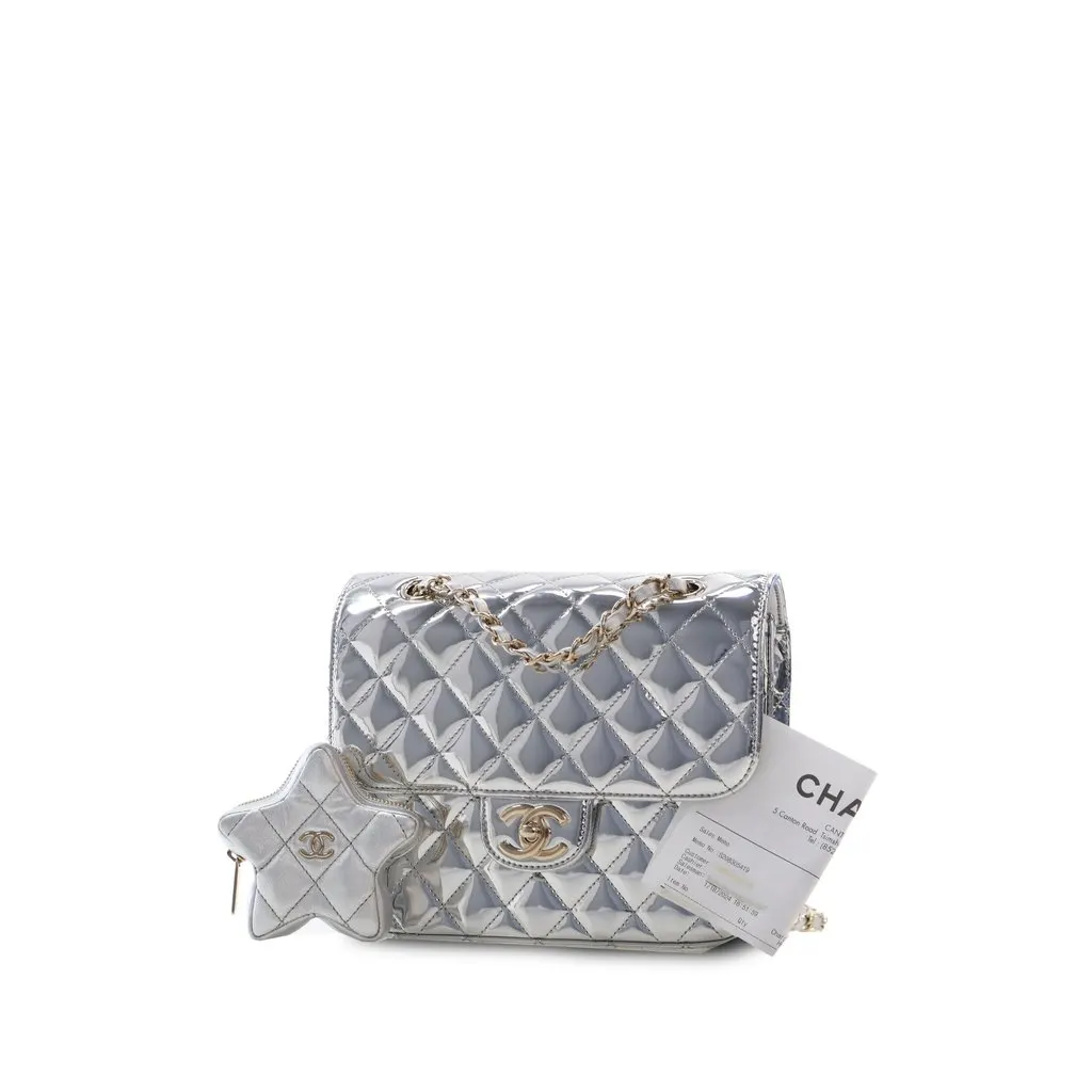 Chanel Quilted Metallic Mirror Calfskin Hollywood Boulevard Backpack Silver Leather Very good - Box View