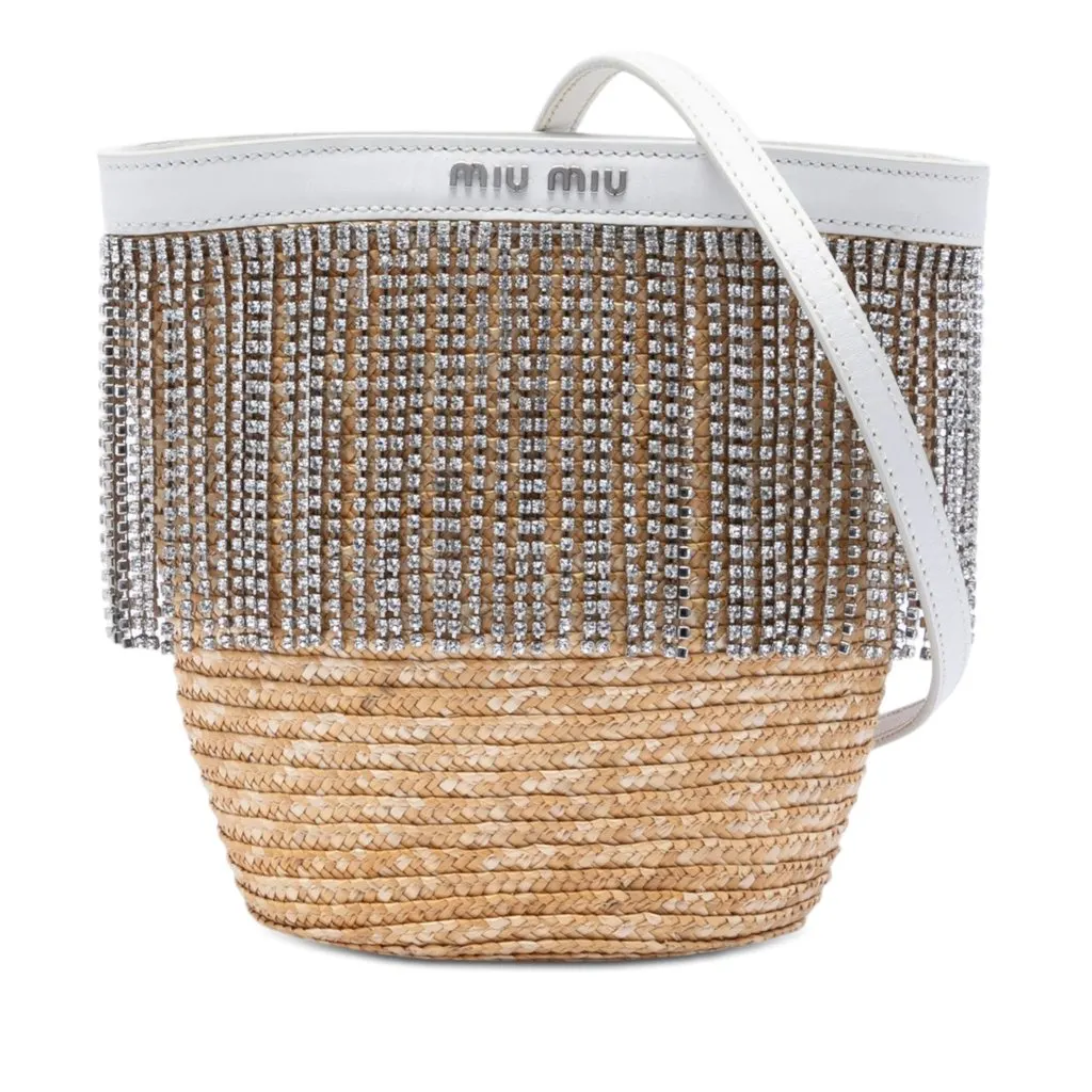 Miu Miu Wicker Crystal Fringe Bucket Bag Beige Very good - Front View