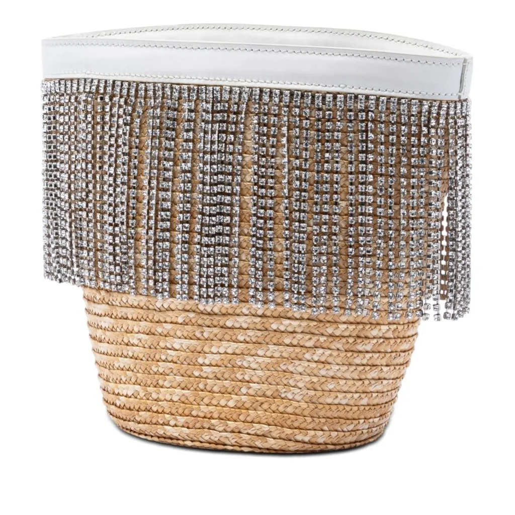Miu Miu Wicker Crystal Fringe Bucket Bag Beige Very good - Back View