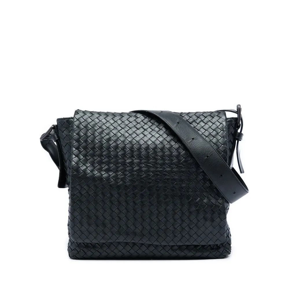 Bottega Veneta Nappa Intrecciato Flap Crossbody Black Leather Very good - Front View